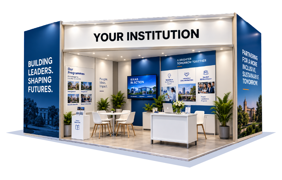 Institution branding mockup inside the Academia Pavilion booth